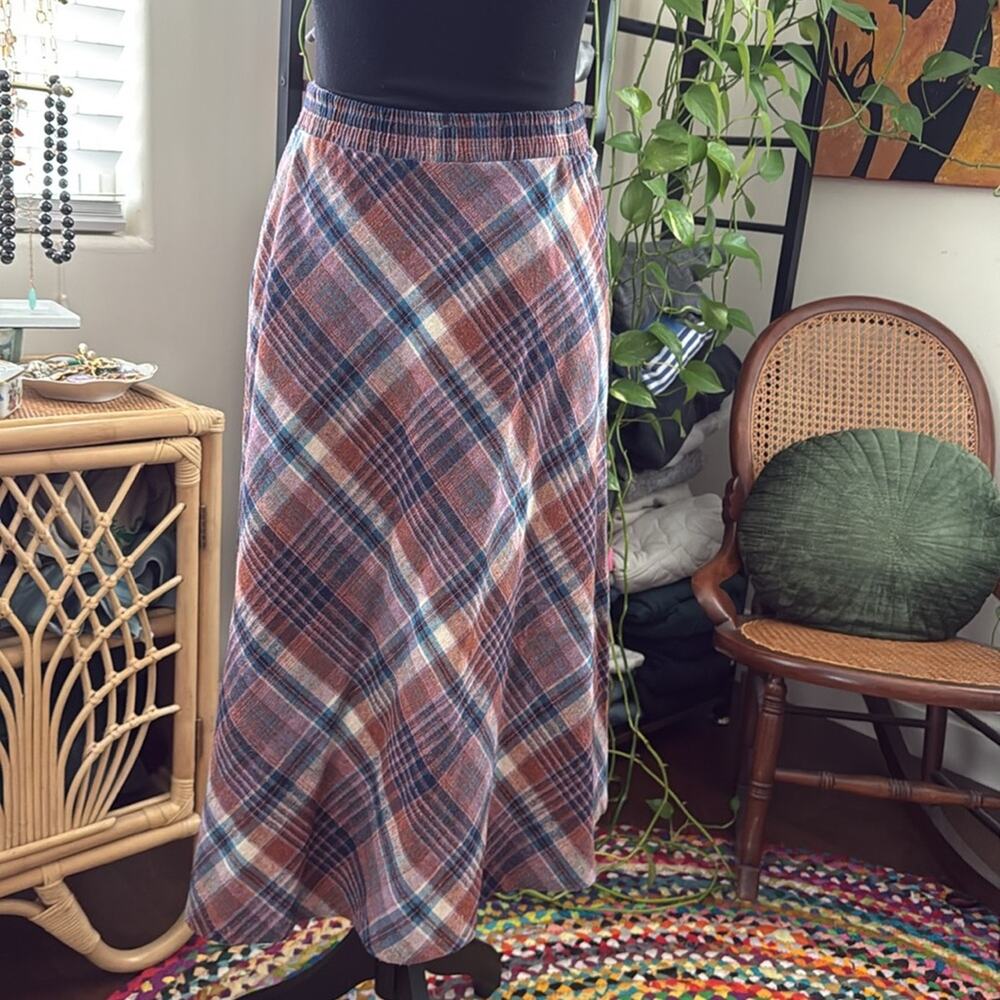 Vintage Take 1 Rust & Lavender Plaid Flannel Preppy Academia Elastic Waist Skirt - Picture 2 of 5